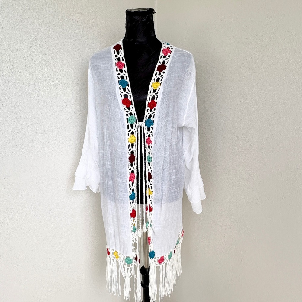 Cyn by Cynthia Mehra Kimono Crochet Trim Fringe, Womens OS White FLAW